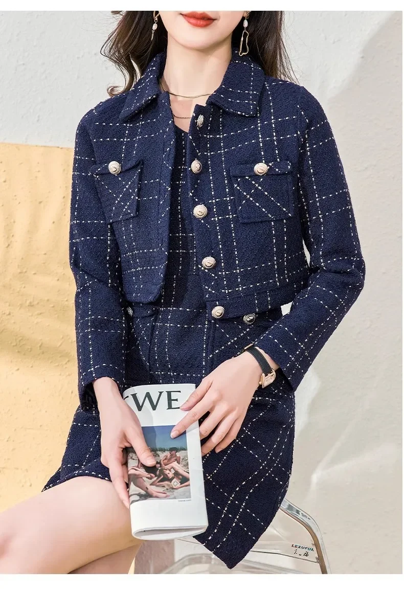 Xiaoxiangfeng jaqueta feminina de manga comprida de tweed, colete de cintura de duas peças, vestido com cobertura de quadril, temperamento celebridade