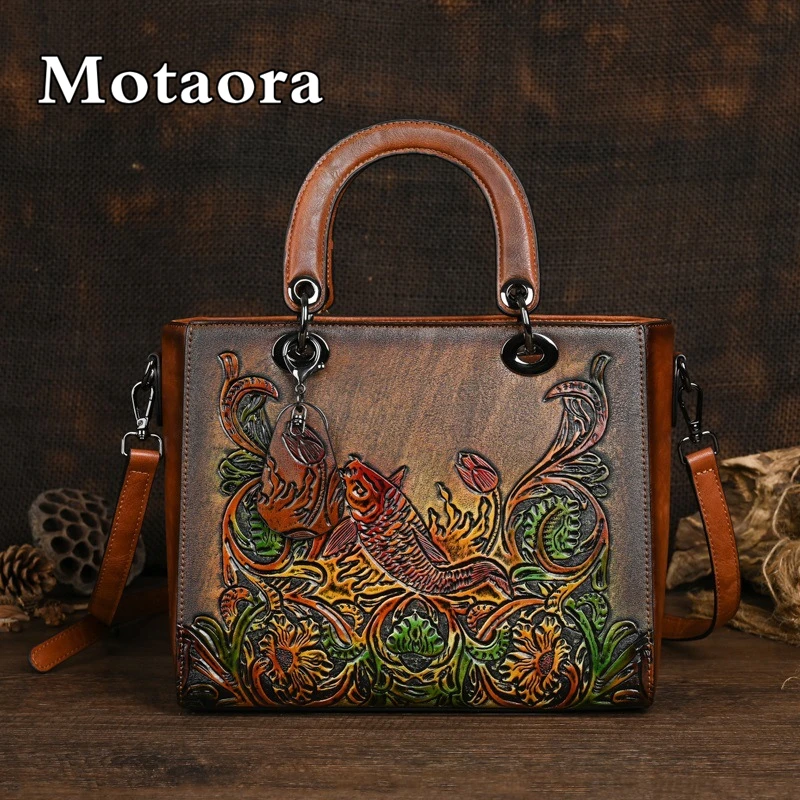 MOTAORA New Fish Embossed Women Handbag Vintage Chinese Style Shoulder Bag Versatile Leather Large Capacity Crossbody Bag Ladies