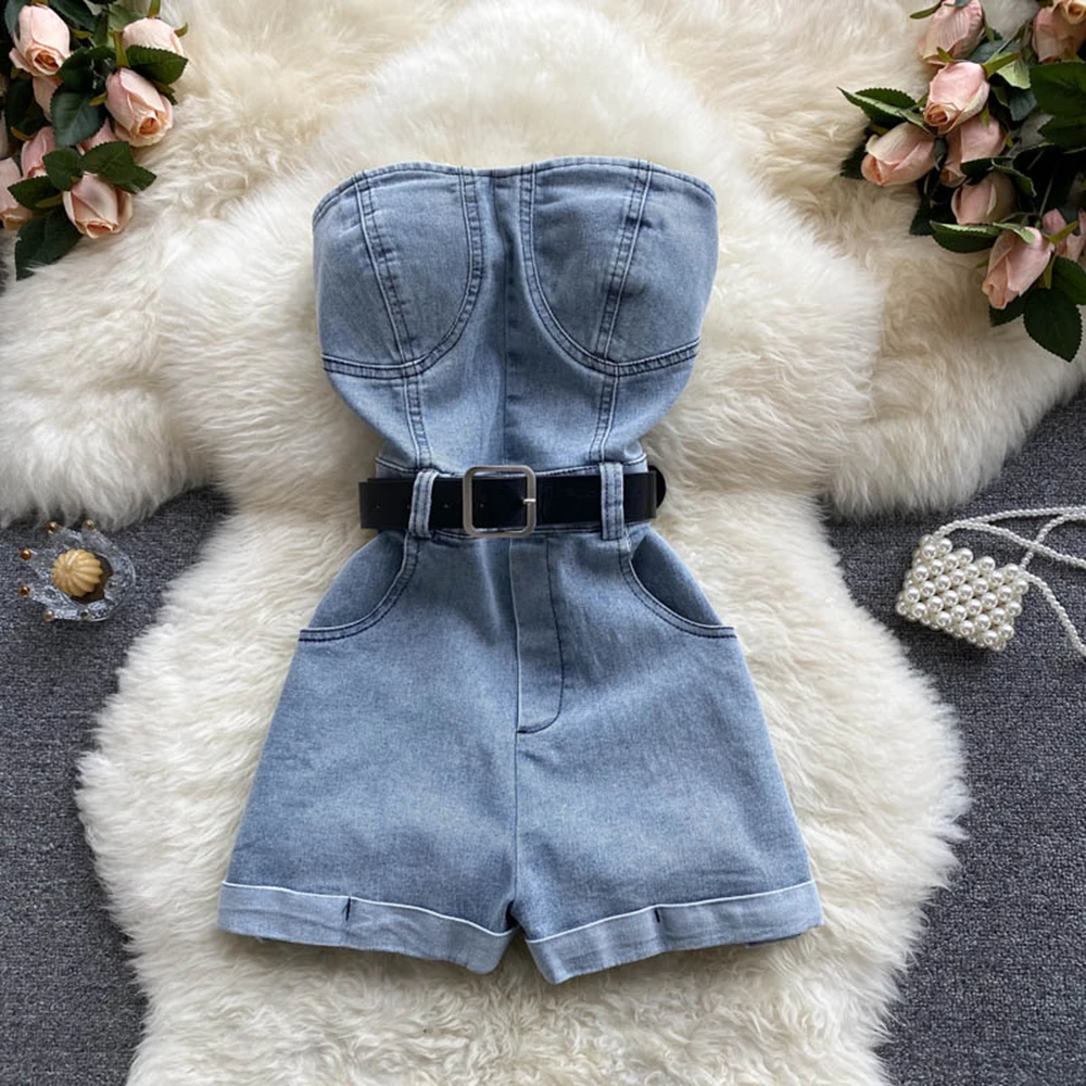 Fashion Strapless Denim Short Jumpsuit For Women's New High Waisted Wide Leg  Casual Shorts Jeans 2025 Summer Lady Streetwear