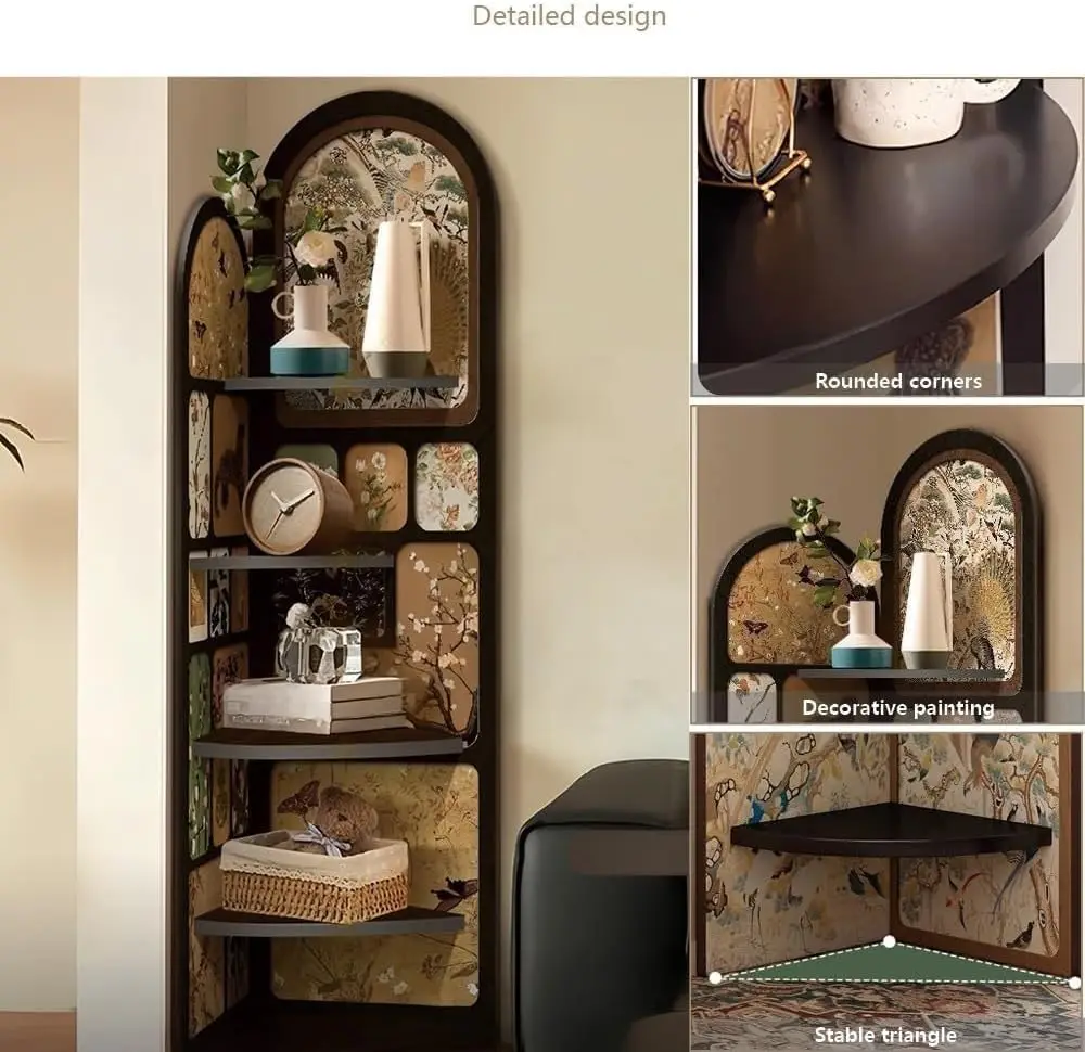 4-Tier Corner Shelf, Wood Display Stand, Fan-Shaped Storage Cabinet with Decorative Painting, Wood Triangle Display Stand, Corne