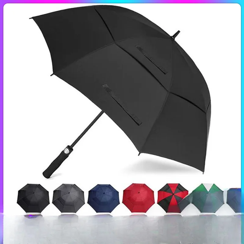 Automatic Double Layer Golf Umbrella  Long Handle Umbrella Extra Large 3-5 People Men\'s Business Burgundy Handle Umbrella