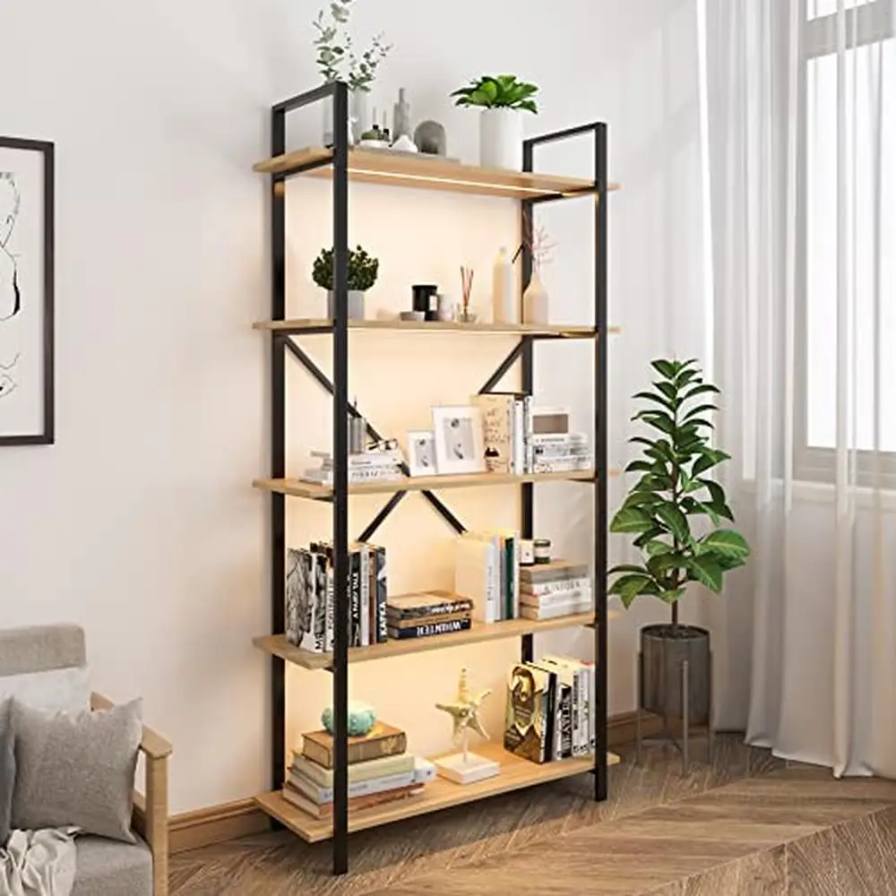 Tall Industrial Etagere Bookshelf with Smart LED Lights 5 Tier Open Display Shelves 100LBS Capacity