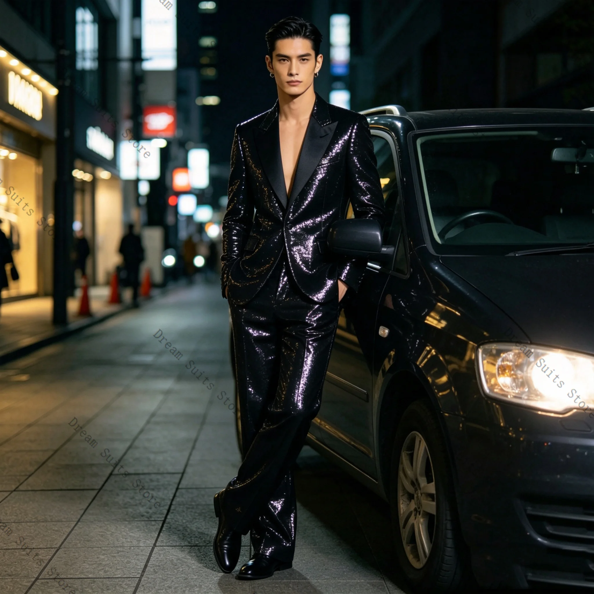 Glitter Shiny Luxury Men Suit Set 2 Pcs Blazer+Pants Trousers Customized Formal Office Jacket Wedding Tuxedos Prom Coat