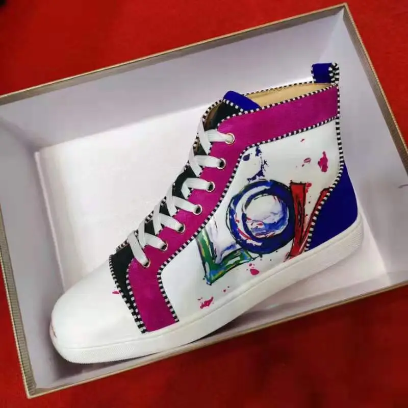 Luxury Men's Rivets Heels High Top White Love Graffiti Leather Red Bottom Sneakers Casual Boat Shoes Fashion Party Footwear