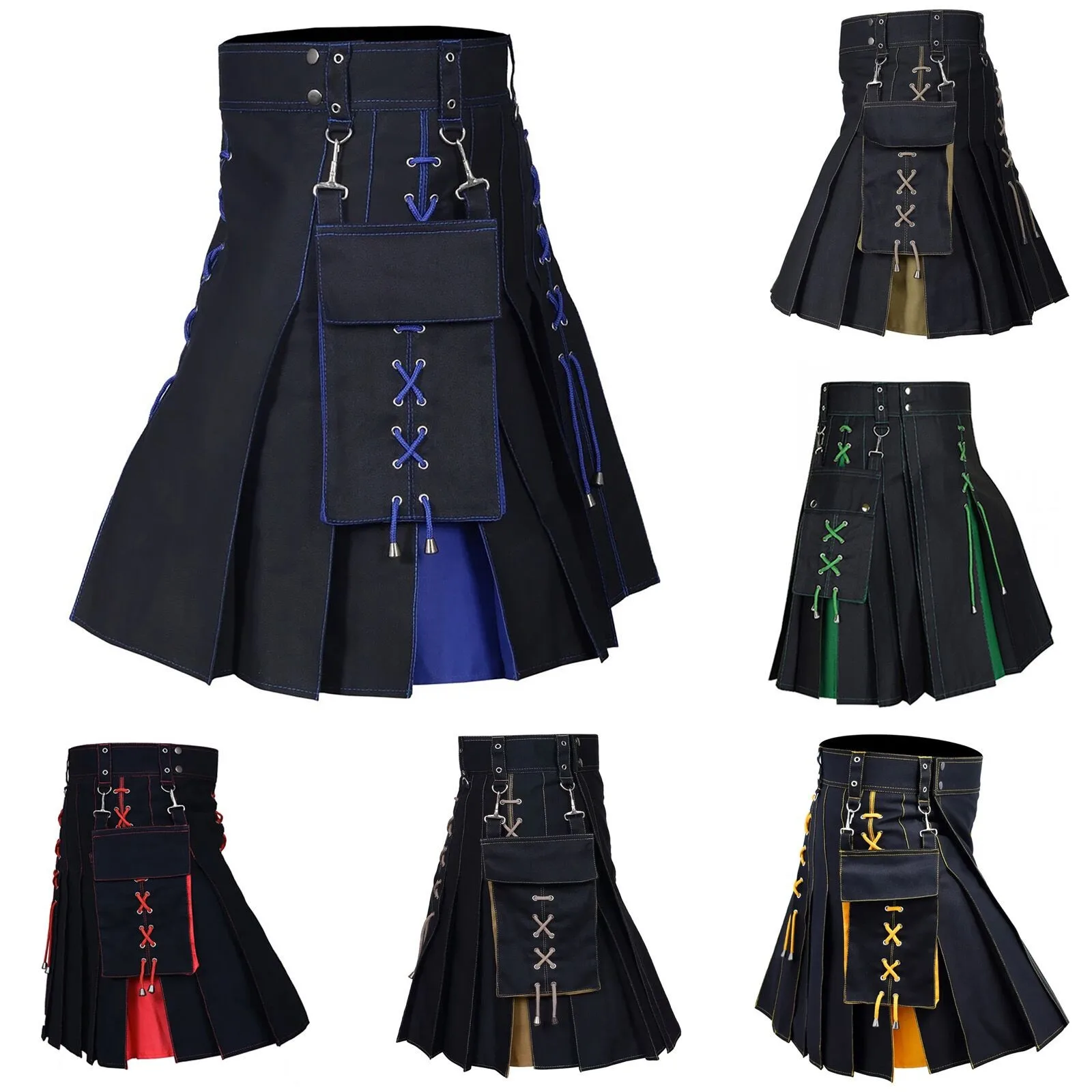 

Fashion Pleated Skirt Scottish Holiday Skirt Medieval Knife Pleat Design Two Flap Pockets Snap Securing Strap Kilt Men Philabeg