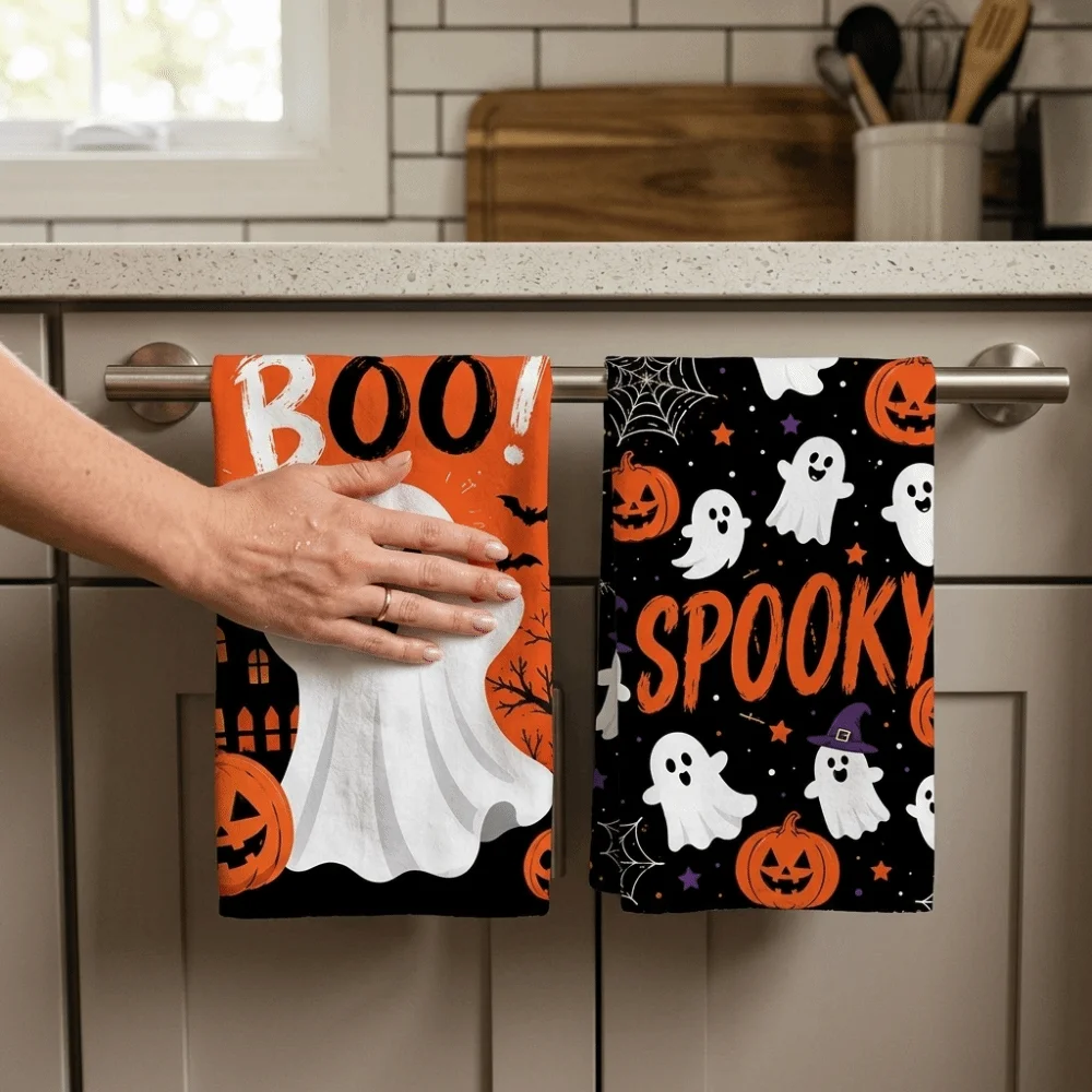 2PCS Ultra-Fine Fiber Halloween Kitchen Towel Quick Drying Absorbent Hand Towel Ghost Pumpkin Pattern Soft Kitchen Dishcloth