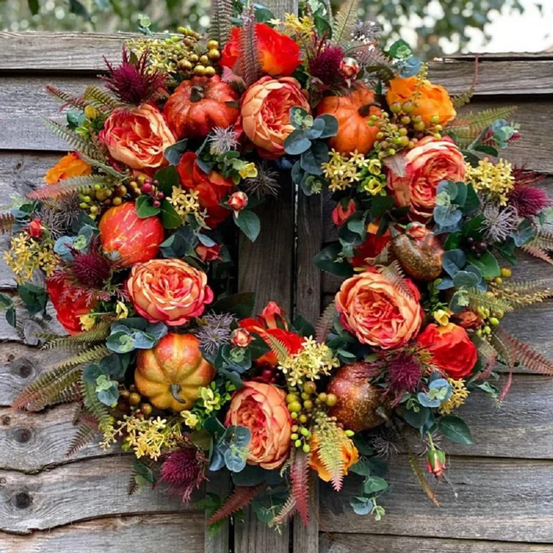 19.7-Inch Autumn Wreath Fall Wreaths For Front Door Outside,With Pumpkin Berries Suitable For Halloween Thanksgiving Easy To Use