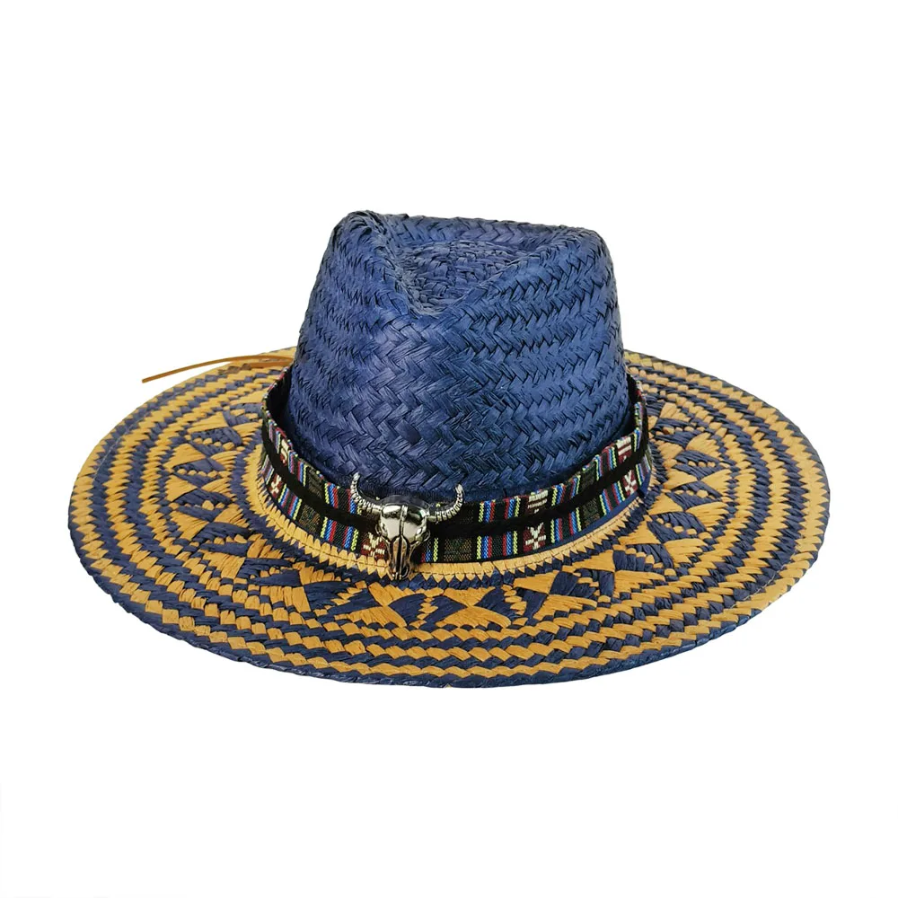 Two Tone men Western Straw Hat Geometric Pattern Wide Brim Cowgirl Hat with Ethnic Band Bull Skull Decor Summer Beach Cap