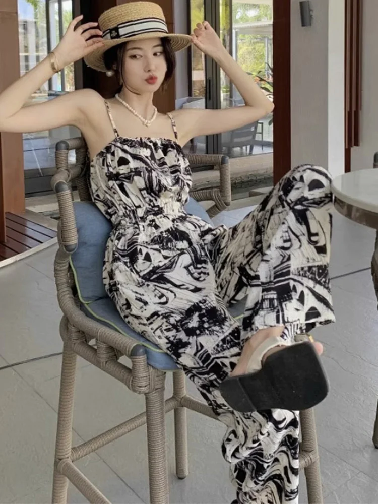 

Ele Floral Print ter One-Piece Summer Thin High Waist Drapey Wide Leg Women's Rer Suit Two-Piece Set Commute Sle