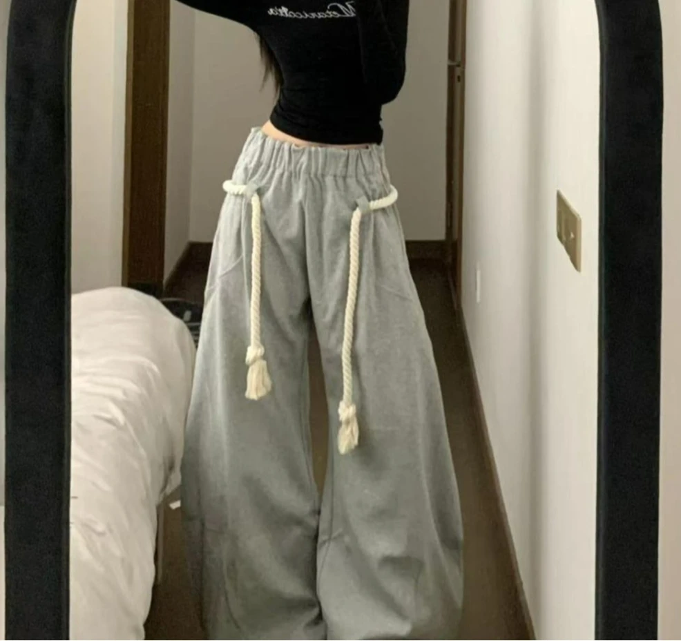 Gray Casual Pants for Women 2025 Autumn New Thick Rope Personalized Wide-leg Pants Loose Wide-leg Sweatpants