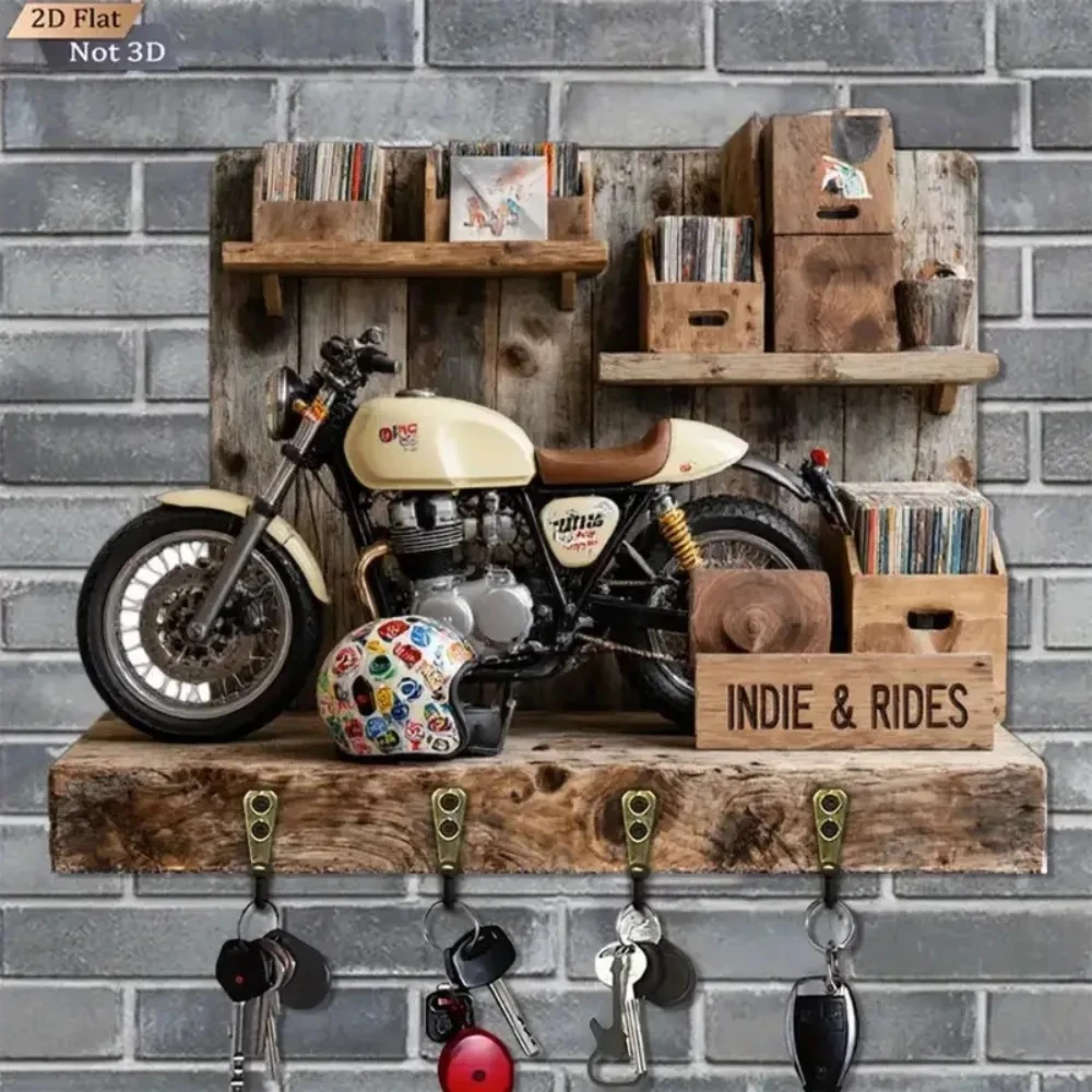 2D Retro Motorcycle Display - Wooden Key Holder with Four Metal Hooks, Home, Living Room, Room, Wall, Porch, Garage Decoration