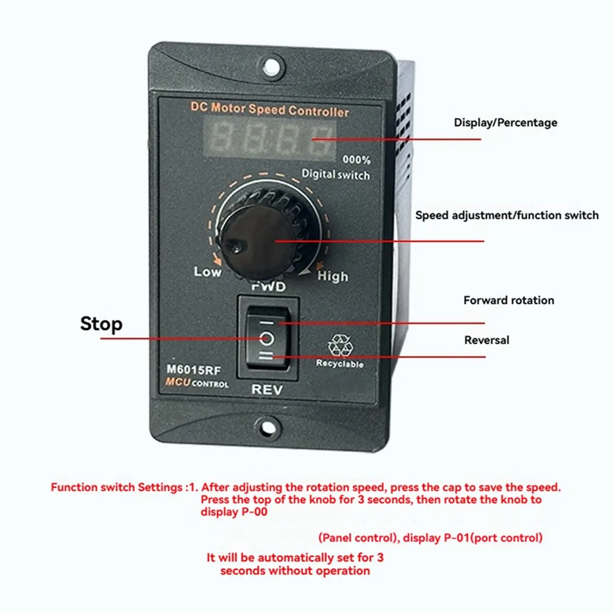 DC 12-60V 15A PWM Motor Speed Controller Multifunctional Motor Speed Regulator Controller Display Speed Percentage