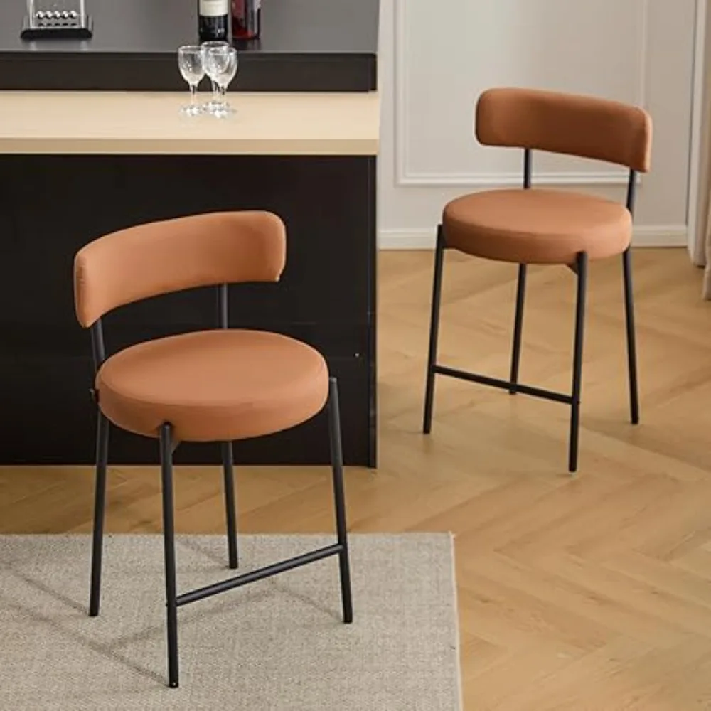 

24'' Bar Stools Set o 2, ern PU Leather Counter Height Bar Stools with Curved Back and Black Metal e, Upholstered Bars
