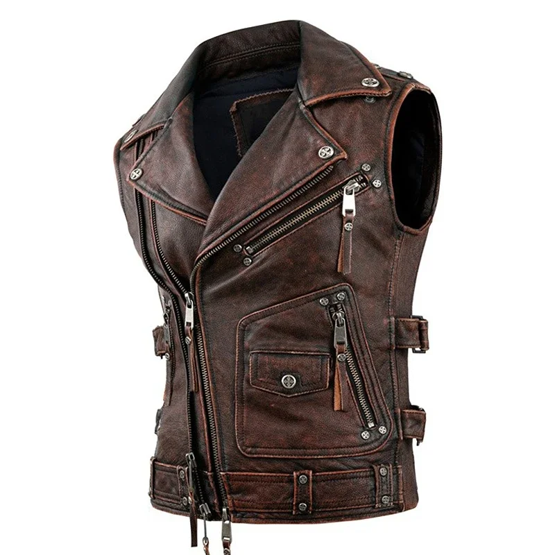 

Vintage Brown Motorcycle Vests Men Natural Cowhide Genuine Leather Jacket Sleeveless Men's Riding Vest Motor Biker Jackets