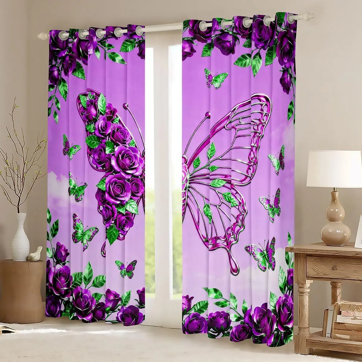 Elegant Purple Rose Floral Butterfly Pattern Curtain Panels Polyester Window Treatment for Bedroom Living Room Home Decor Decora