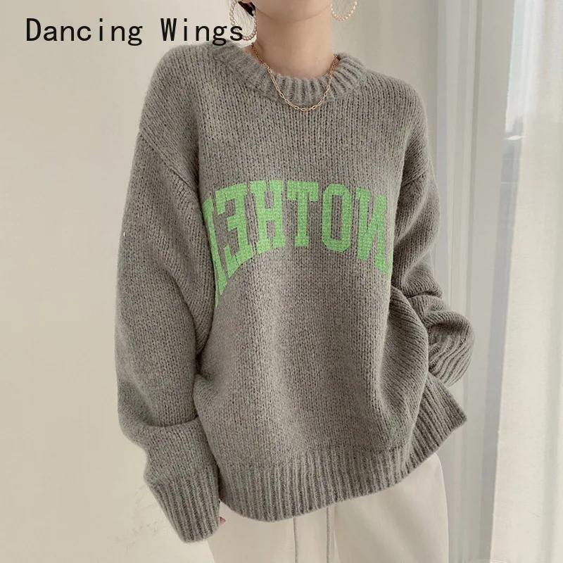 

Women's Autumn Winter Knitwear Vintage Letter Print Pullover Sweater Thickened Loose Slouchy Knitted Top