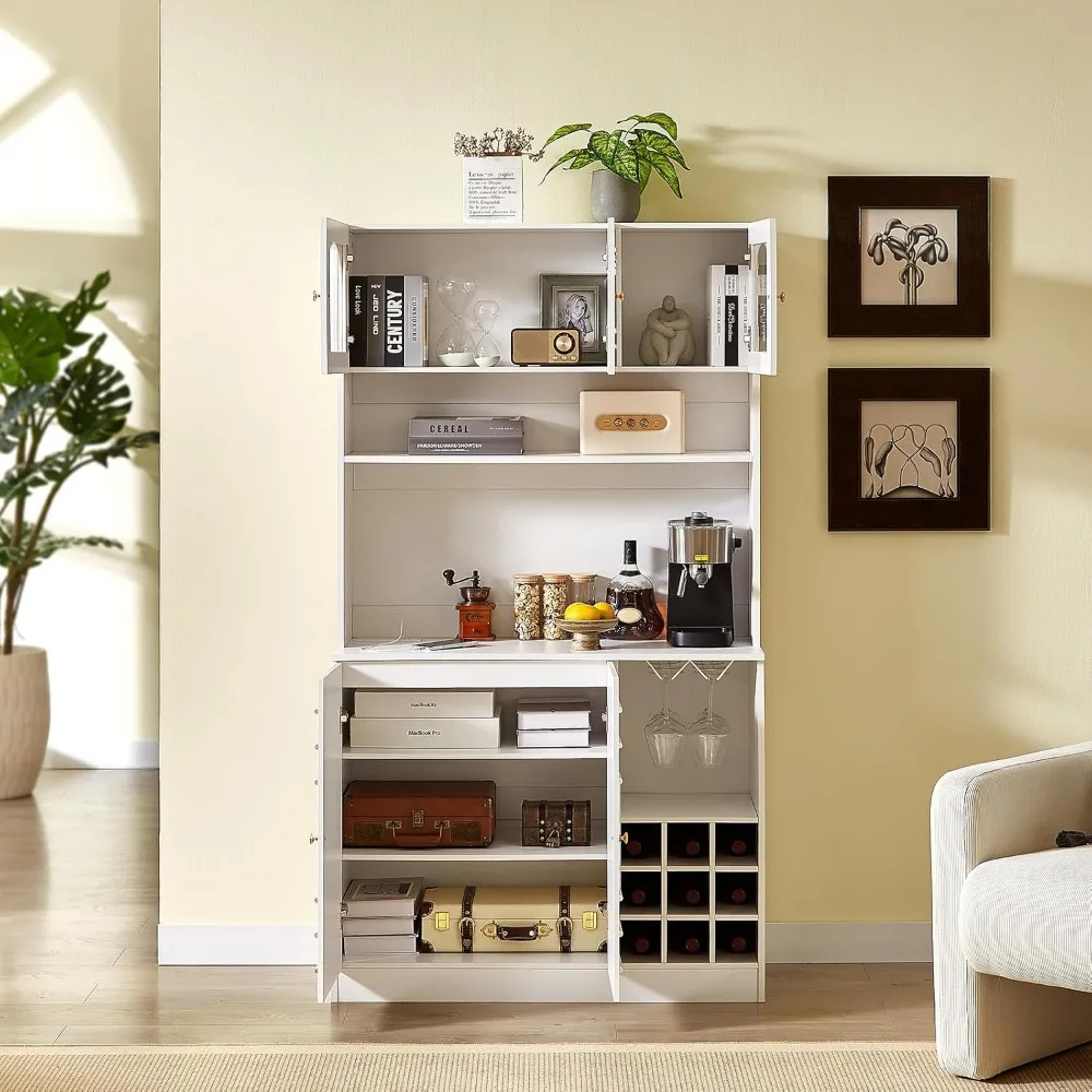 خزانة مخزن المطبخ مع رف الميكروويف، خزانة تخزين قفص المطبخ مقاس 71 بوصة، بار قهوة بوفيه أبيض مع رف زجاجي للنبيذ، فوز #4