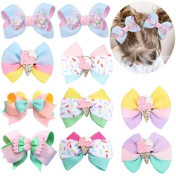 2Pcs New Hair Bow Clips Cute Ice Cream Hairpins Barrettes Grosgrain Ribbon Headwear Boutique Glitter Star Kids Hair Accessories