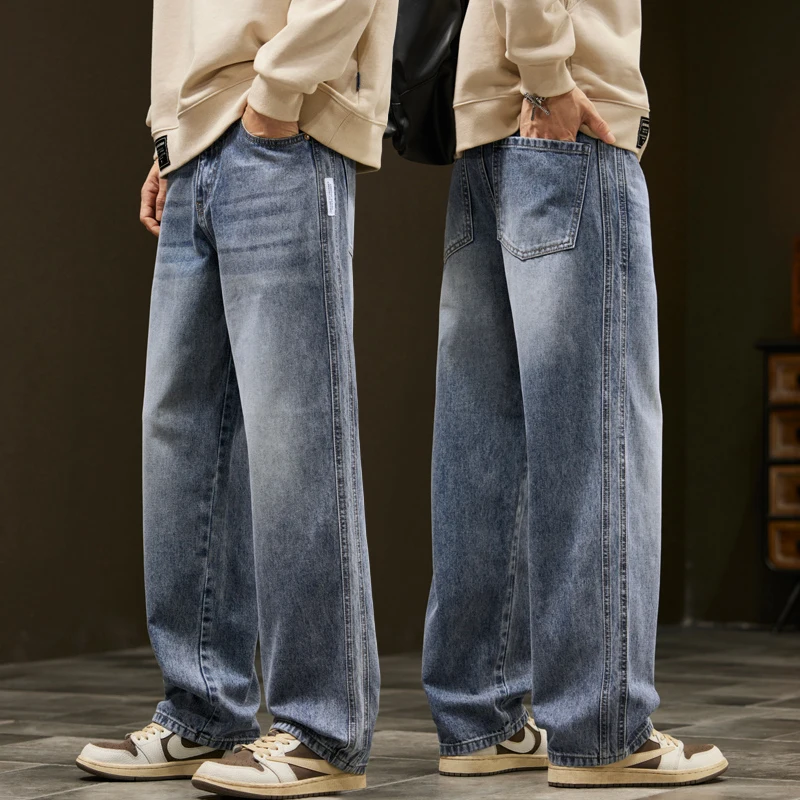 

Новые американские джинсы на весну и лето для мужчин, эластичные прямые свободные молодежные модные синие широкие повседневные брюки, размеры 29-38