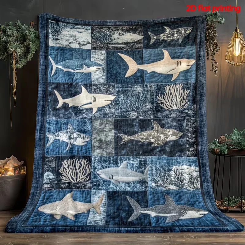 Shark and Coral Quilt Portable Blanket-Lightweight Home Bedding Blanket Suitable Travel Camping Living Room Offices Sofas Chairs