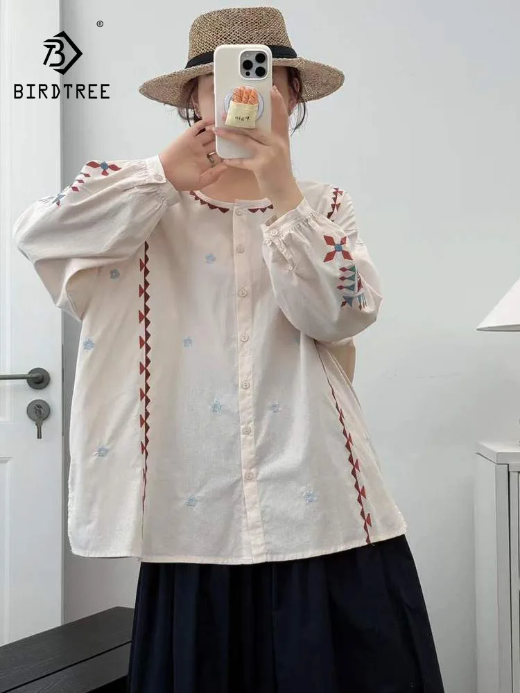 

New 2025 Autumn Cotton Long Sleeve Shirt, Women O Neck Embroidery, Mori Girl Versatile Ethnic Style Chic Loose Blouse T59281CC