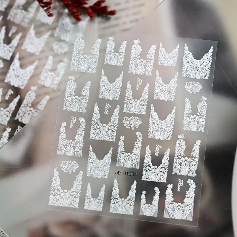 「5D Gothic Elegant Lace Nail Art Sticker V-Shaped French Tip Lace Design Nail Decal Self Adhesive Lace Nail Slider 8*10cm #」