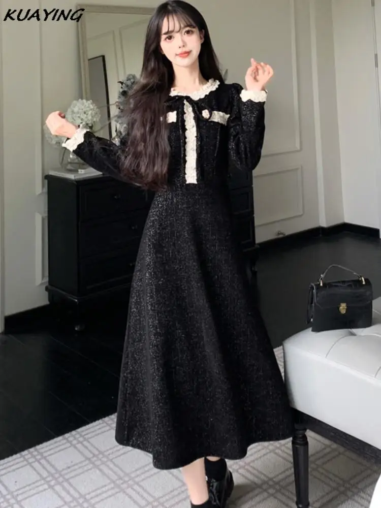 Autumn Elegant Party Dresses Woman Small Fragrant Sweet Bow Lace-up Wedding Evening Midi Dress Winter Christmas A-Line Vestidos