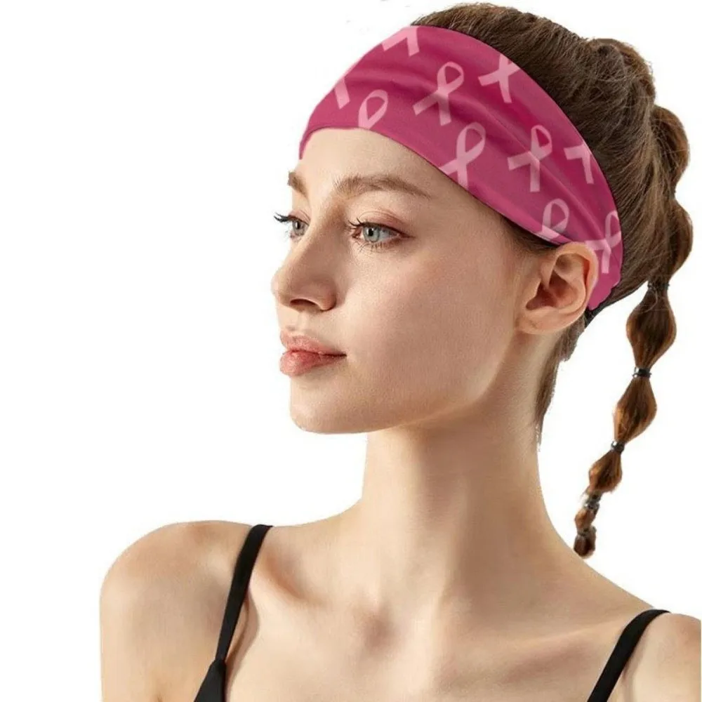 

Polyester Breast Cancer Awareness Headband Non-Slip Elastic Hair Accessories Sweat-Wicking Printed Ribbon Headband Yoga