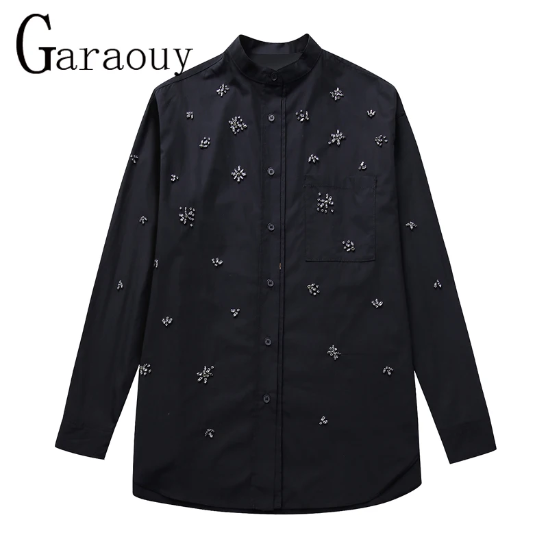 Garaouy 2024 Spring Women Jewelry Inlay Lapel Single Breasted Pocket Shirt Office Lady Party Blouse Female Oversized Blusas Tops