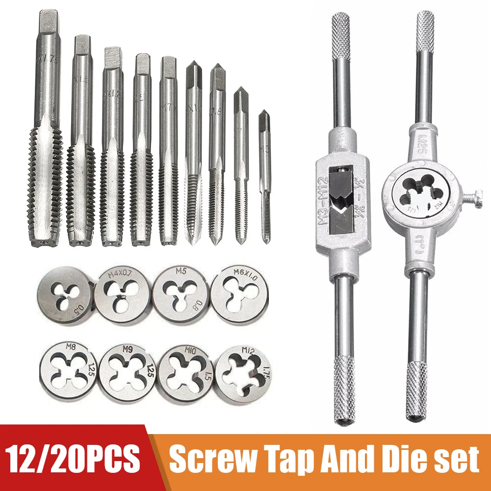 Tap And Die Set 12/20 Pieces Tap And Die Sets Threaded Plugs Tap Drills Metric Hand Tap Die Wrenches Threaded Hand Tools Set