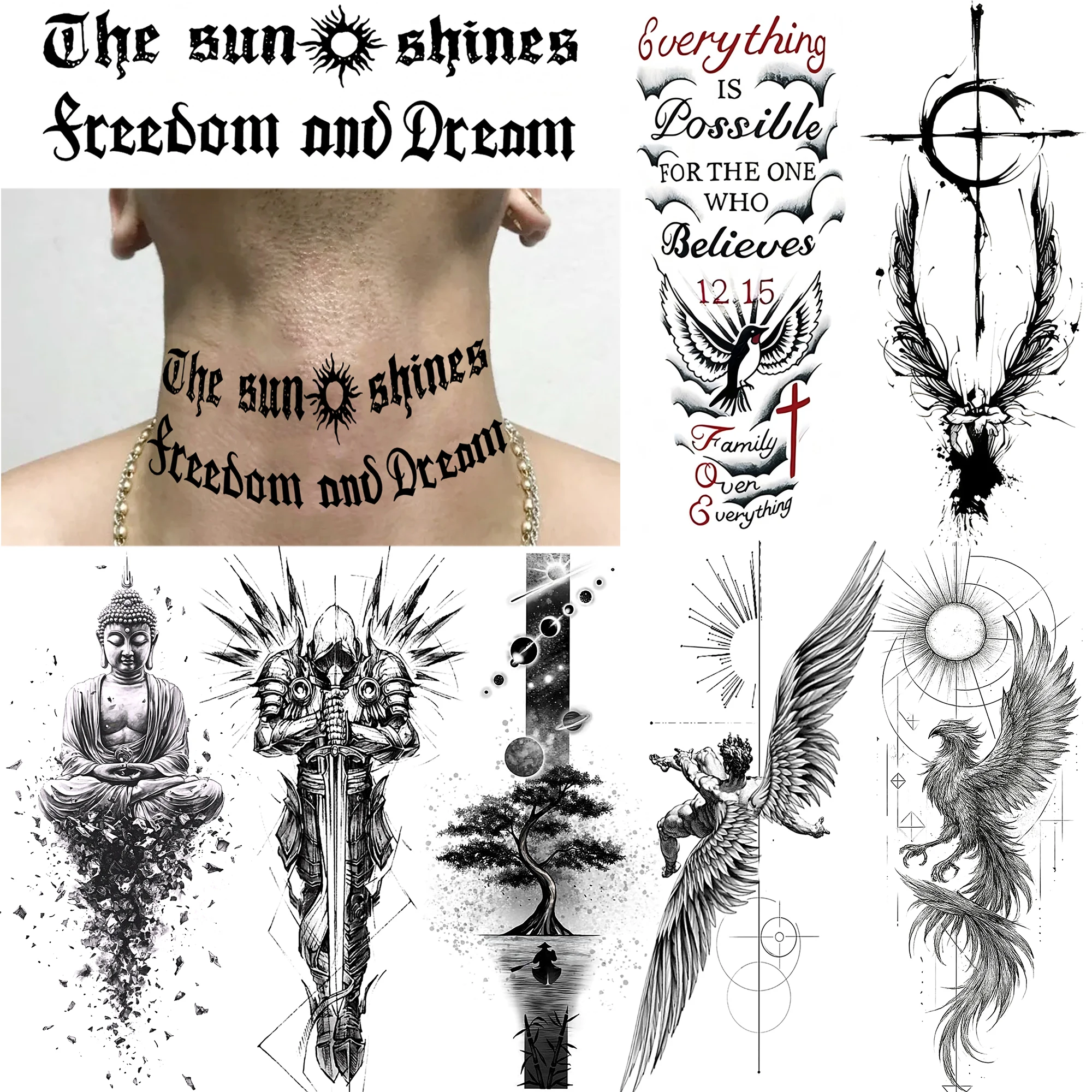 1 Sheet Halloween Dark Gothic Phoenix Temporary Tattoo For Men Women Neck Forearm, Waterproof Realistic Temp Fake Tatoo Stickers