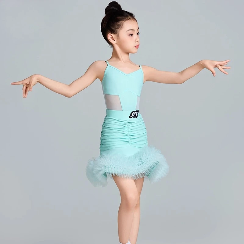 Top con scollo all'americana Costume da allenamento per danza latina Ragazza Nuovo costume da spettacolo per bambini Regolazioni della competizione Abito da ballo latino