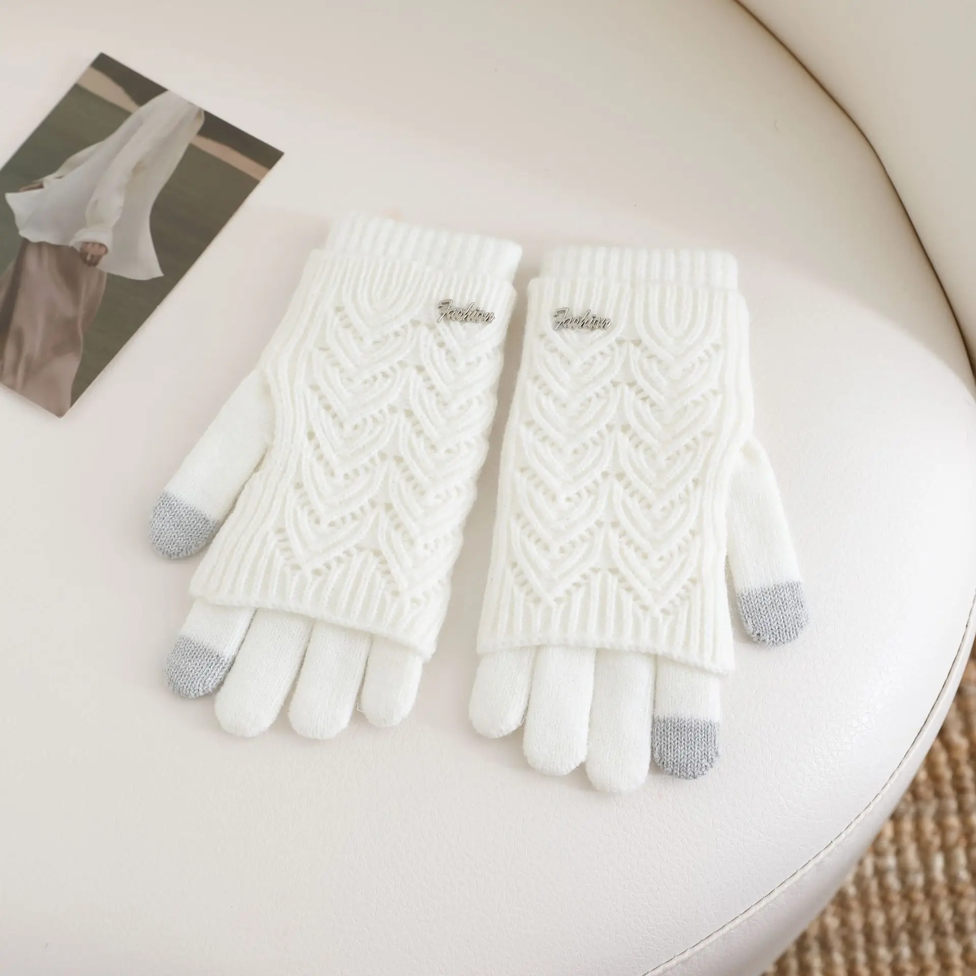 

1pair Creative Practical Dual-purpose Color Matching Thickened In Winter Warm In Winter Screen Thin Knitted Gloves For Women
