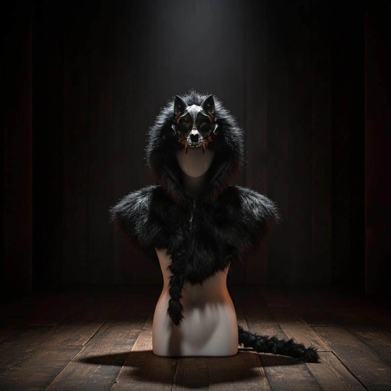 Hooded Viking Wolf Cape Faux Fur with Skull Mask Halloween Cloak for Cosplay Stage Performance