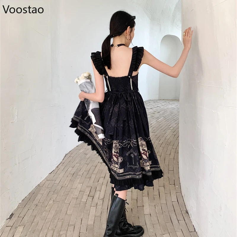 Japanese Gothic Lolita Jsk Dress Girls Victorian Retro Nightingale Rose Sling Dresses Women Sexy Mesh Patchwork Kawaii Vestidos