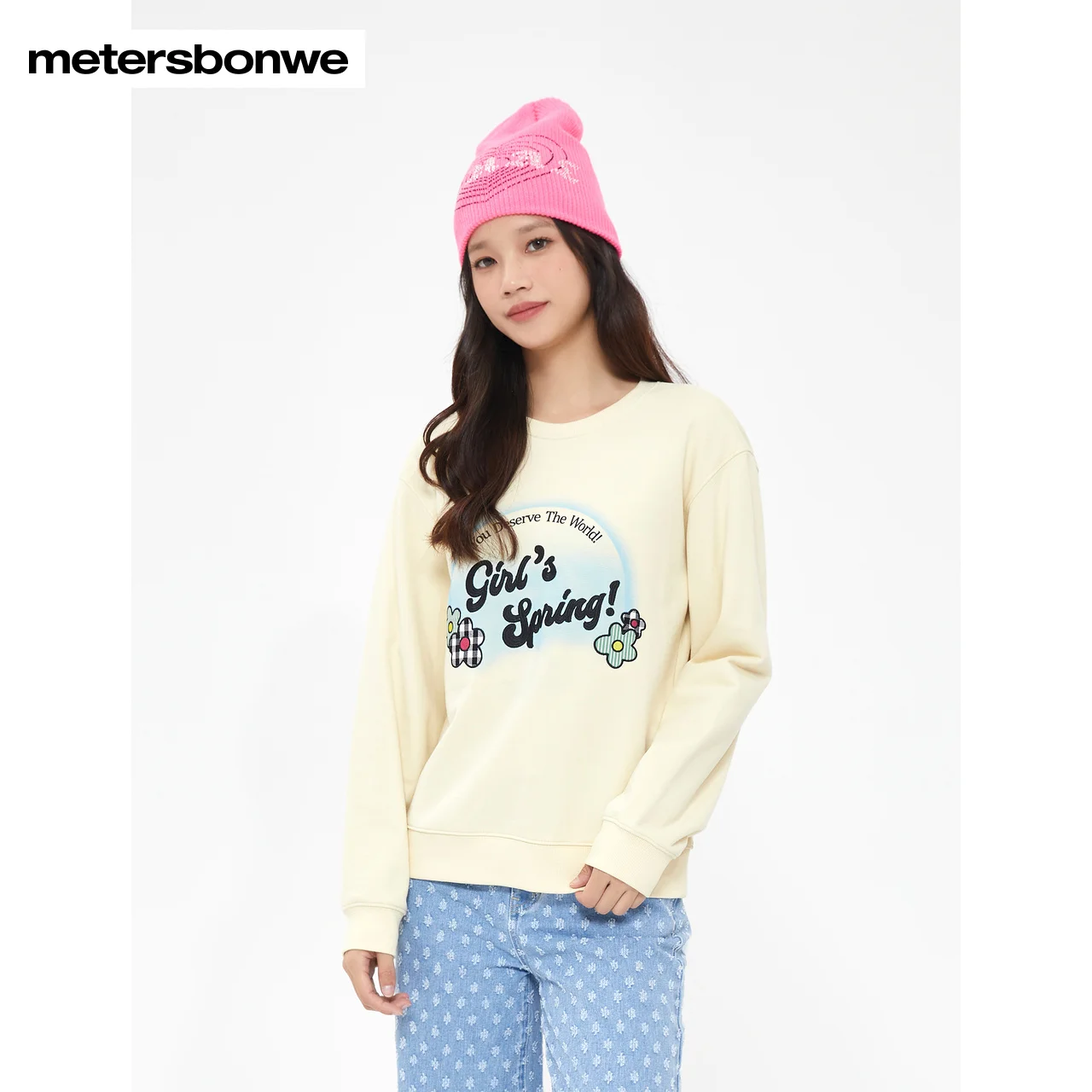 Metersbonwe-Felpa con cappuccio corta stampata alla moda da donna, manica lunga, colletto tondo, felpa ampia, top casual per campus giovane