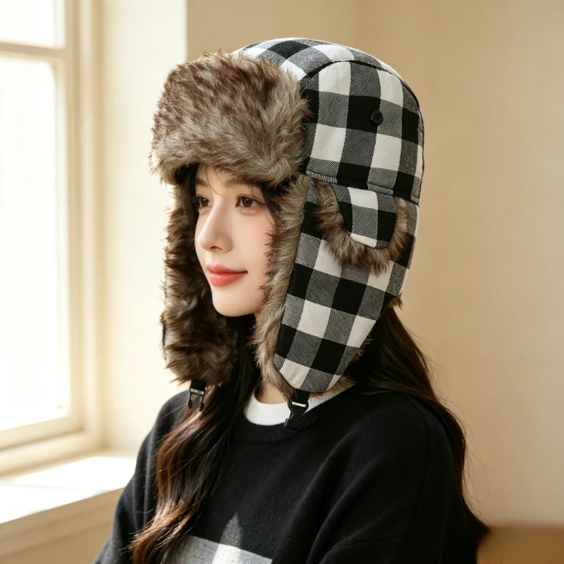 1 piece of women's two-color woolen plaid hat for autumn and winter, ear protection, windproof and cold proof warm hat
