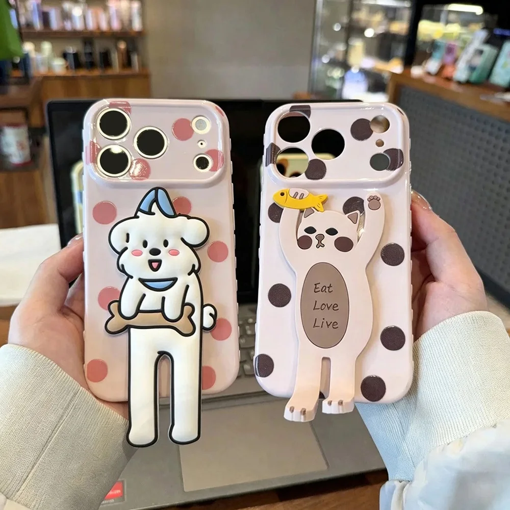 Cute Polka Dots Phone Case For Samsung A57 A37 A56 A55 A16 A17 A53 A05 A06 A07 A15 Side heart Cover With Cute Cat Stand Holder