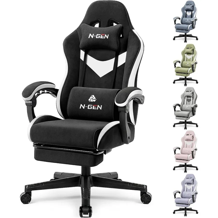 Gaming Chair for home office use, fabric upholstery, dark black color, with reclining backrest and extendable footrest
