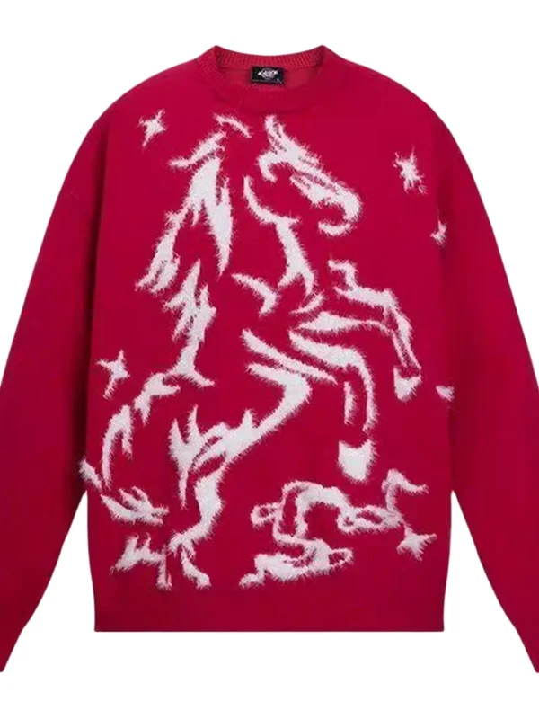 

Осень-зима, красный праздничный новогодний трикотаж с вышивкой, круглый дизайн Ne, сенсационная верхняя одежда, топ для мужчин и женщин