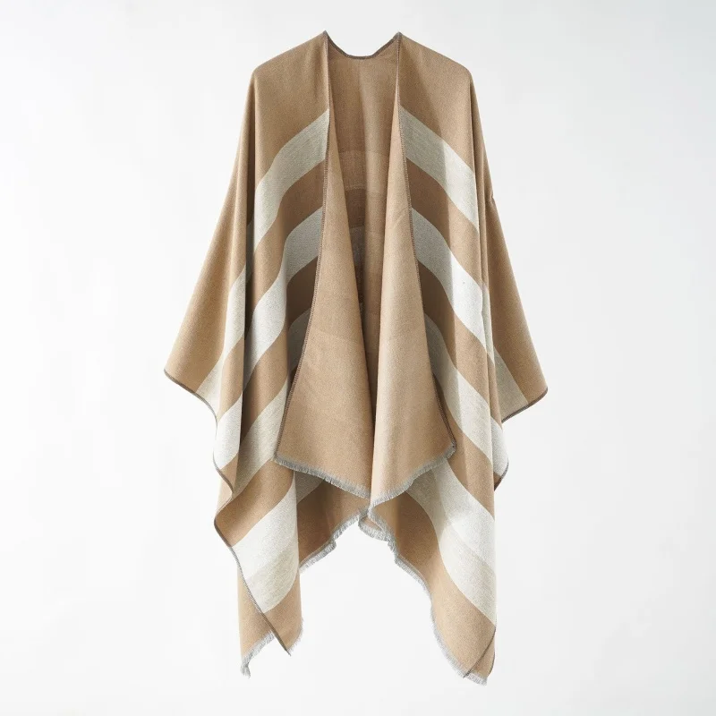 A lady\'s shawl with wide stripes cashmere-like women\'s multifunctional summer air-conditioned room split gold cloak shawl in aut