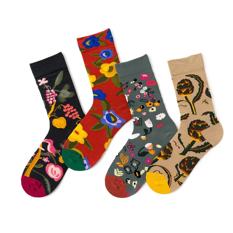 5 Pairs Graffiti Socks Novelty Happy Funny Graphic Socks Men Women Classic Crew Long Cotton Skateboard Fruits Food Flower Plants