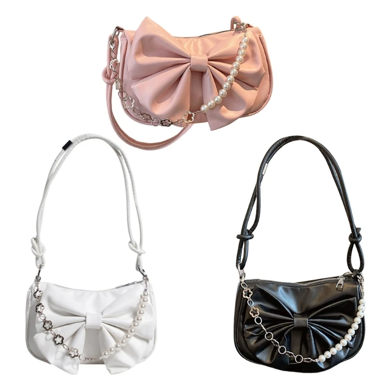 

Sophisticated Ladies' Underarm Bag With Pearls Bows Detail PU Leather Handbag Shoulder Purse For Daily Use E74B