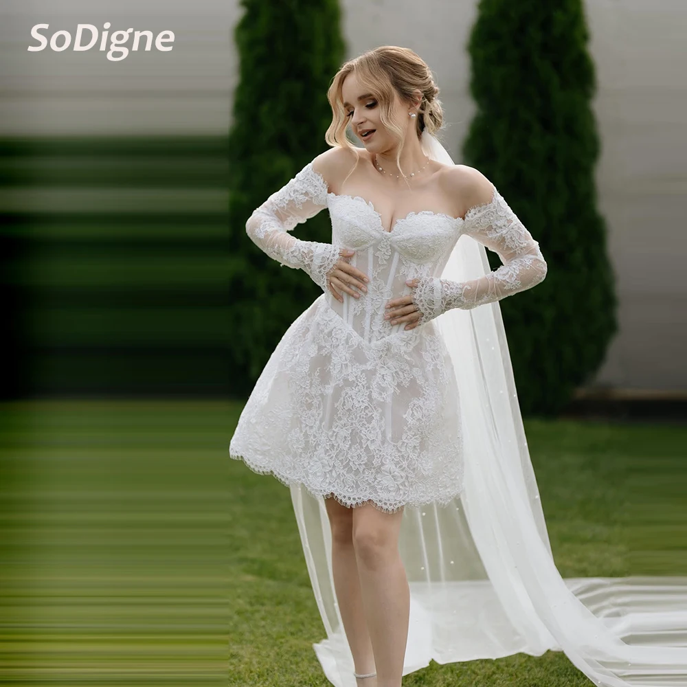 

SoDigne A-line Short Lace Wedding Dresses Off Shoulder Long Sleeves Bridal Dress Wedding Party Gown Robe De Mairee Customized