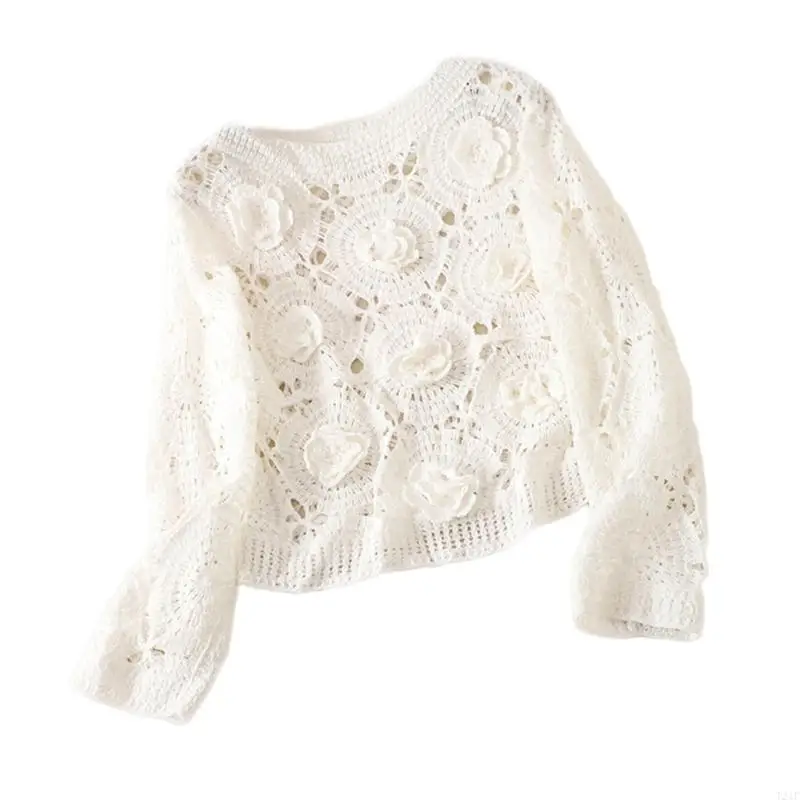 T21F Casual Elegant Crochet Knitted 3D Flower Sweater for Women Long Sleeve Hollowed Out Sheer Pullover Cover Up Crop Top