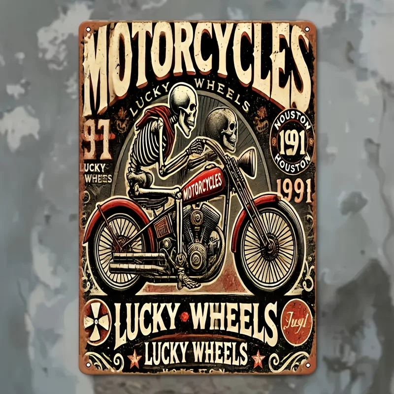 Vintage Davidson Motorcycle Tin Wall Art - Retro Metal Sign with Skeleton Rider & Motorcycle Design, Rust-Proof Durable Indoor/O