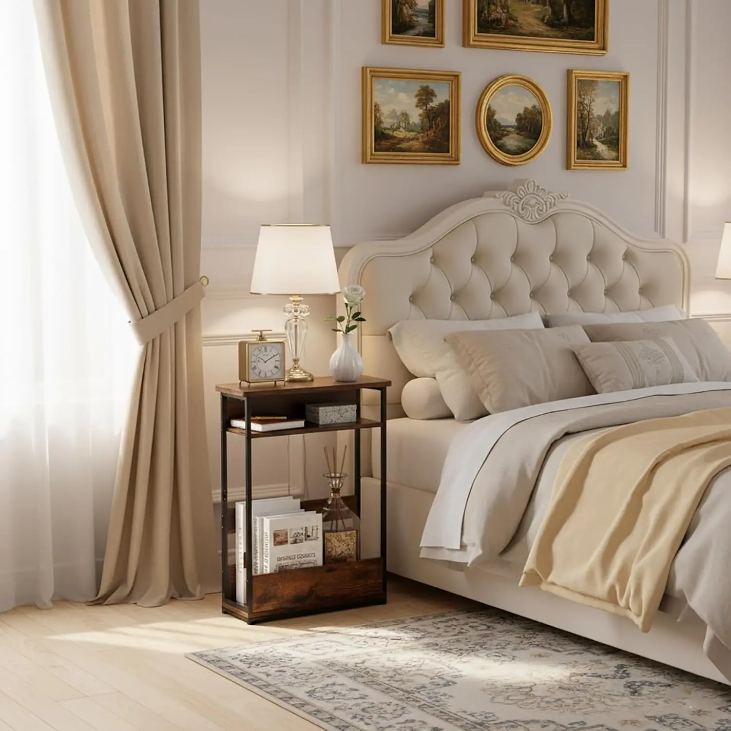 طاولة جانبية رفيعة من 3 طبقات مع رف تخزين، طاولة نهاية ضيقة حديثة للمساحات الصغيرة، بني #4