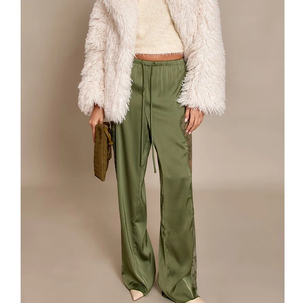 Casual Lace Satin Patchwork Pants Women Sexy See Through High Waist Lace Up Straight Trousers Spring Summer Lady Chic Trousers