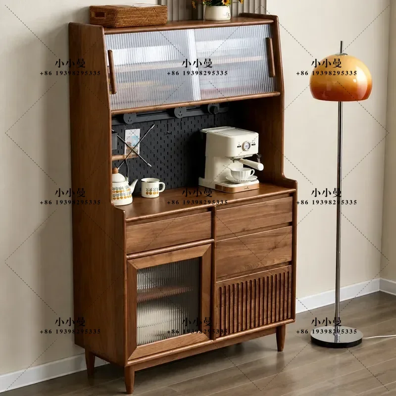 Nordic Black Walnut Side Cabinet Japanese Solid Wood Double Layer High Storage Unit Wall Mounted Bar Counter for Tea and Wine