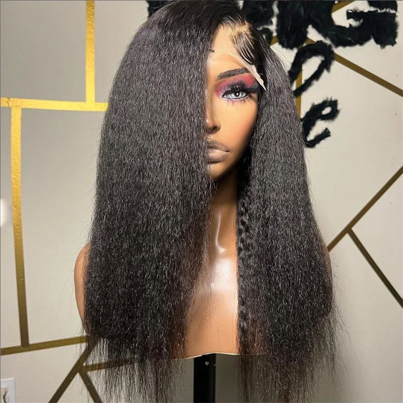 

26inch Yaki Soft 180 Density Soft Black Kinky Straight Preplucked Lace Front Wig For Women Natural Hairline Wig With Baby Hair